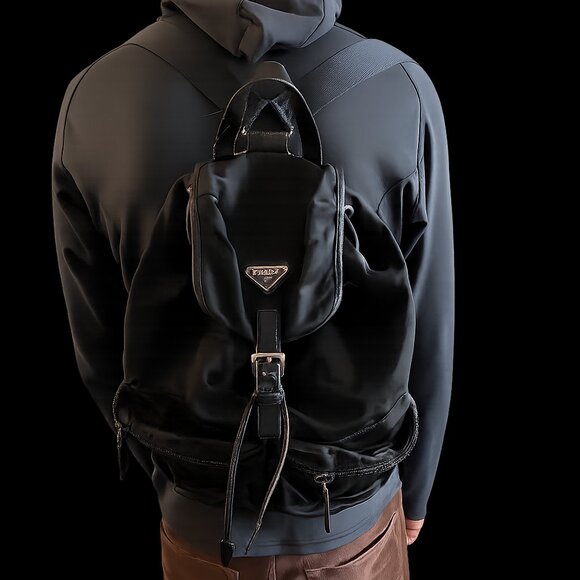 Vintage Prada Tessuto Nylon Vela Backpack Black Double Pocket Logo Plaque main image 8